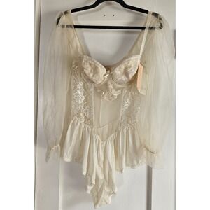 NWT Vtg Tiffany's Closet bra built in bodysuit sheer long sleeves ivory womans M